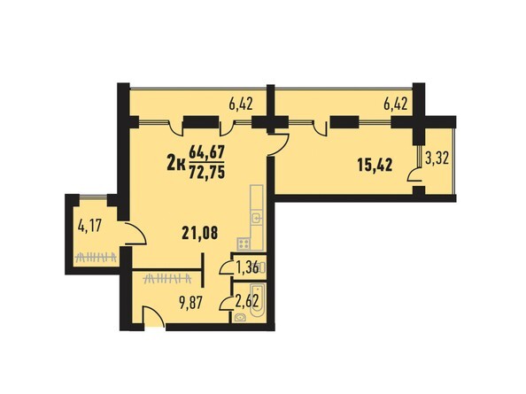 Планировка двухкомнатной квартиры 72,75 кв.м
