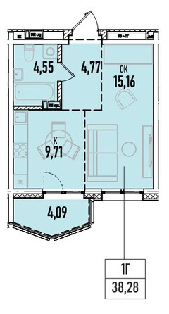 Планировка 1-комн 38,28 м²