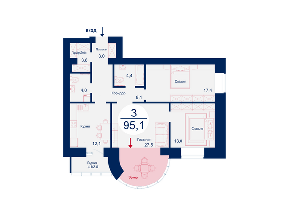 Планировка трехкомнатной квартиры 95,1 кв.м