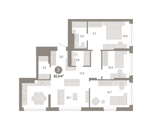 Планировка 3-комн 92,62 м²