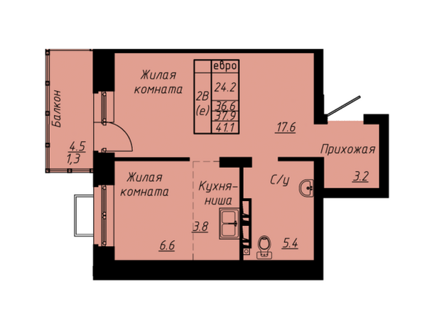 Планировка 2-комн 37,9 м²