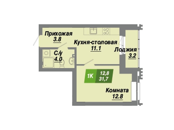 Планировка 1-комн 31,4, 31,7 м²