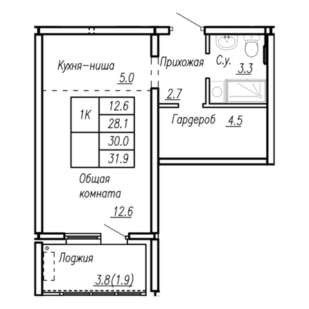 Планировка 1-комн 30 м²