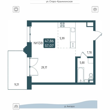 Планировка 1-комн 57,07 м²