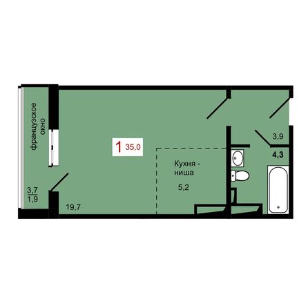 Планировка 1-комн 35 м²