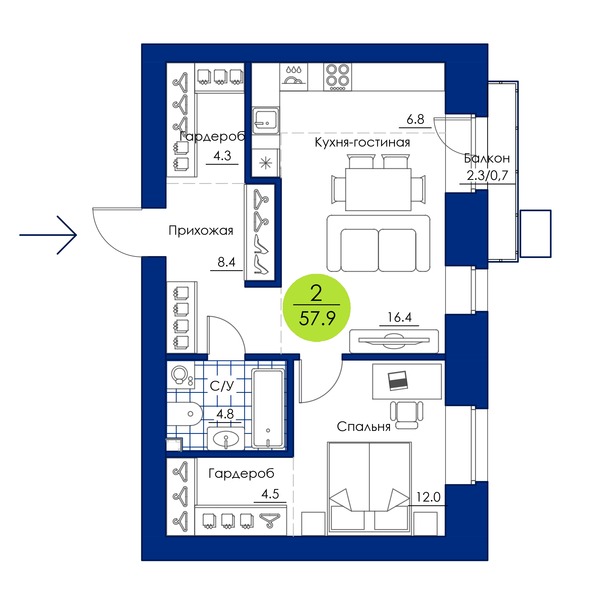 Планировка 2-комн 57,9 м²