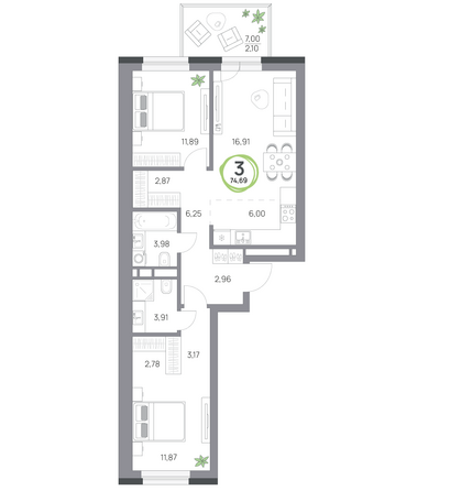 Планировка 3-комн 74,69 м²