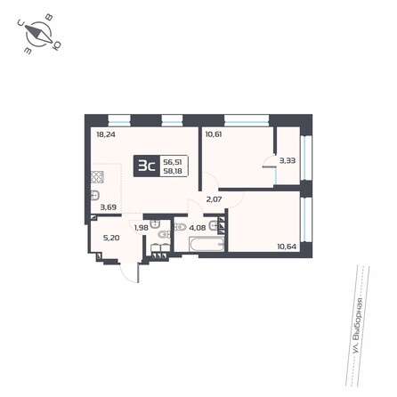 Планировка 3-комн 58,18 м²