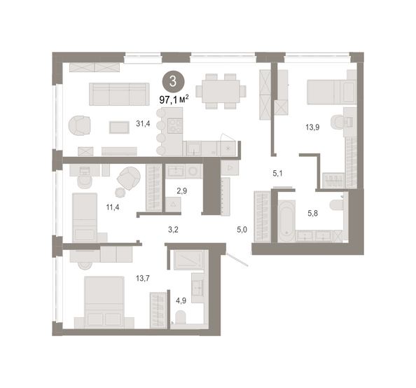 Планировка 3-комн 97,14 м²
