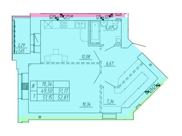 Планировка 1-комнатной квартиры 57,81 кв.м
