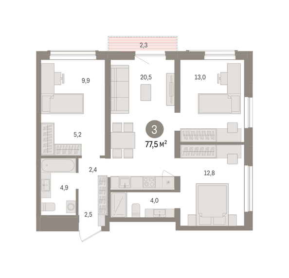 Планировка 3-комн 77,49 - 77,62 м²