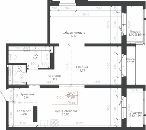 Планировка 2-комн 76,22 м²