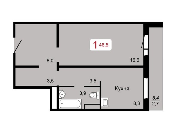 1-комнатная 46,5 кв.м