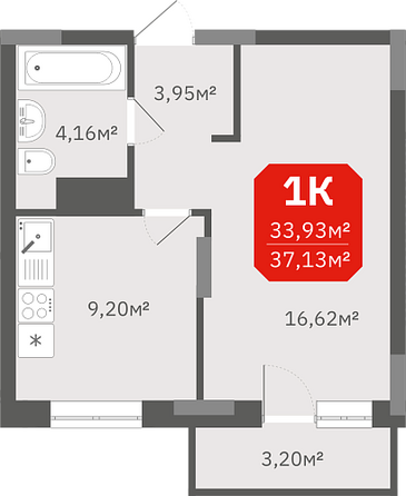 Планировка 1-комн 33,93 м²