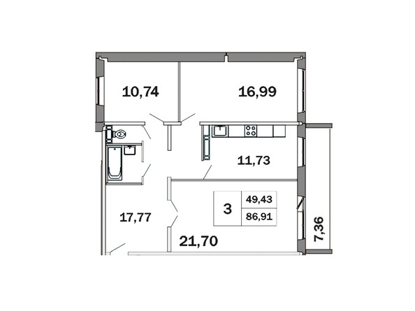 Планировка трёхкомнатной квартиры 86,91 кв.м