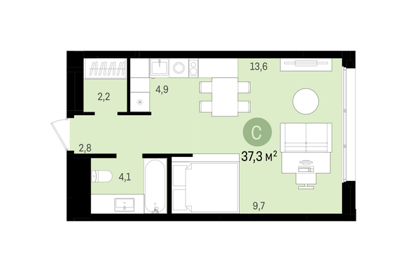 Планировка Студия 37,3, 37,32 м²