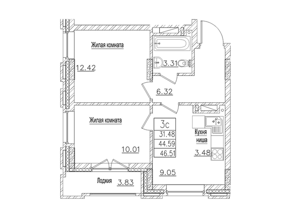 Планировка 3-комн 44,5, 46,51 м²