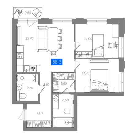 Планировка 2-комн 68,3, 68,4 м²