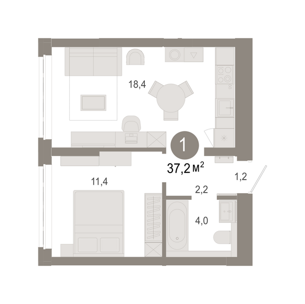 Планировка 1-комн 37,16 - 37,37 м²
