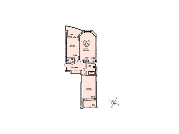 Планировка трехкомнатной квартиры 79,54 кв.м