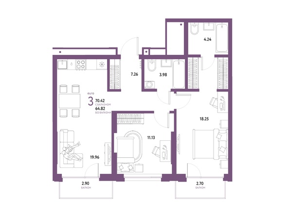 Планировка 3-комн 64,82, 70,42 м²