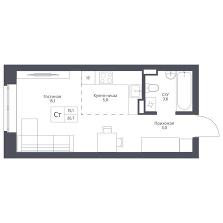 Планировка Студия 26,7 м²