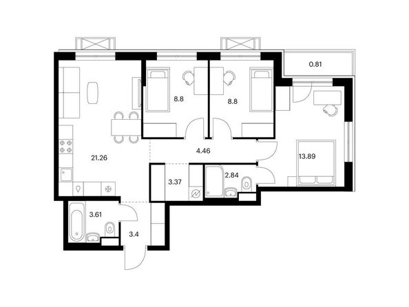 Планировка 3-комн 71,24 м²