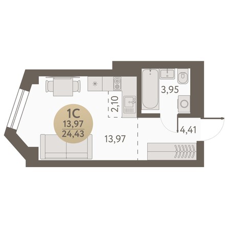 Планировка Студия 24,43, 24,56 м²