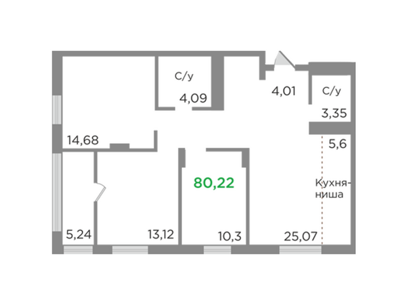Планировка четырехкомнатной квартиры 80,22 кв.м
