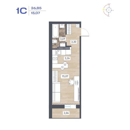 Планировка Студия 26,85, 26,9 м²