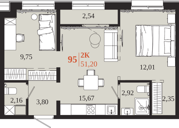 Планировка 2-комн 51,2 м²