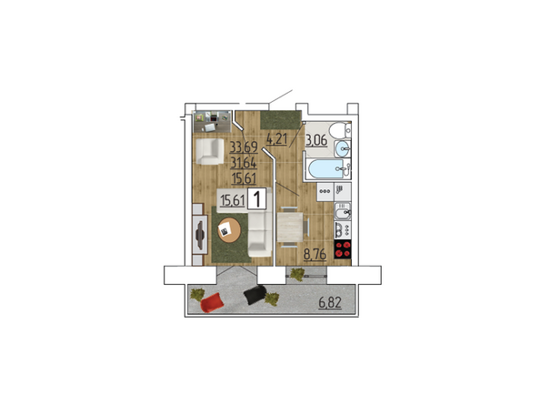 Планировка однокомнатной квартиры 33,69 кв.м