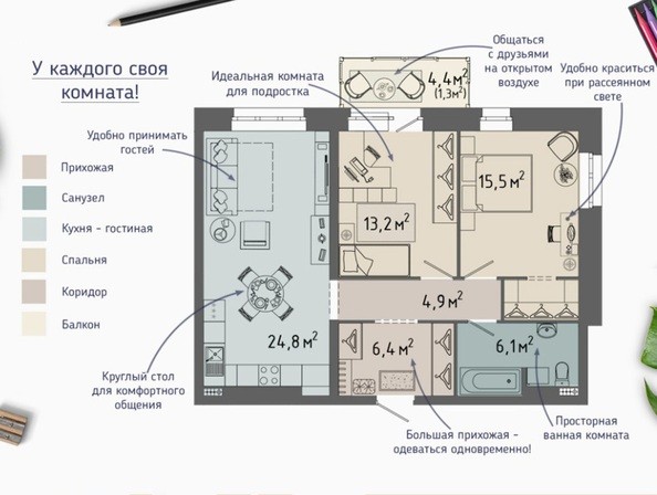 Планировка трехкомнатной квартиры 72,2 кв.м