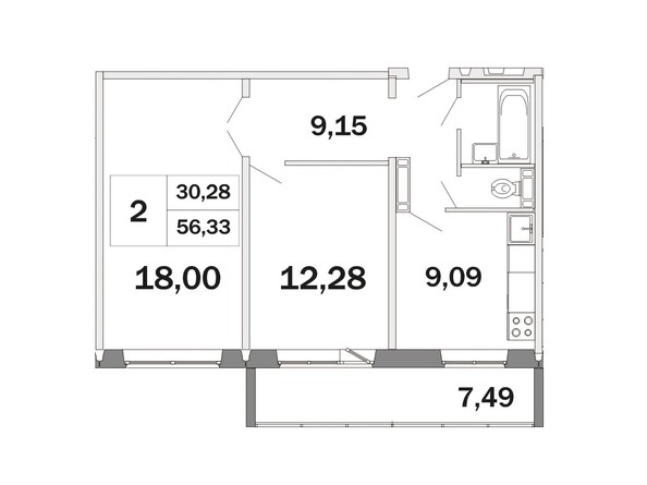 Планировка двухкомнатной квартиры 56,33 кв.м