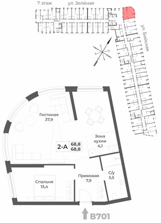 Планировка 2-комн 68,8 м²