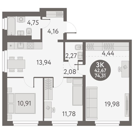 Планировка 3-комн 74,31, 74,61 м²