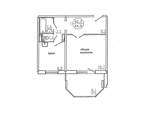 Планировка однокомнатной квартиры 44,9 кв.м. (правая сторона)