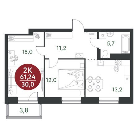 Планировка 2-комн 61,24, 61,44 м²