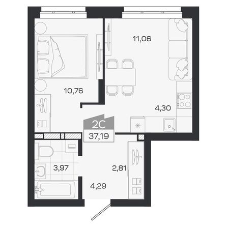 Планировка 2-комн 37,19 - 37,33 м²