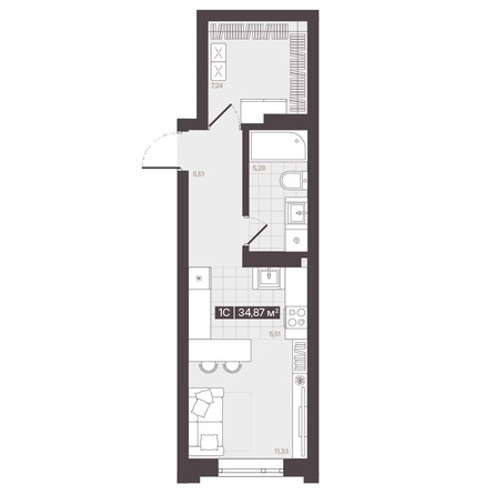 Планировка 1-комн 34,87 м²
