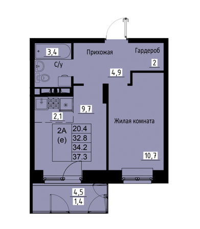 Планировка 2-комн 34,2 м²