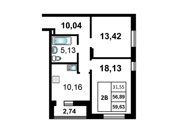 2-комнатная 59,63 кв.м