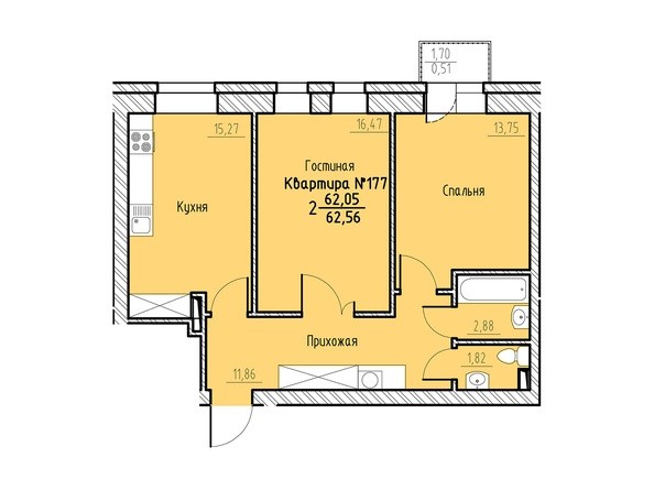 Планировка двухкомнатной квартиры 62,56 кв.м