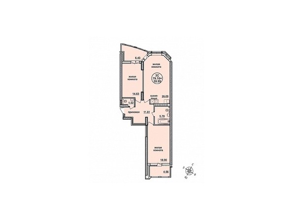 Планировка трехкомнатной квартиры 79,16 кв.м