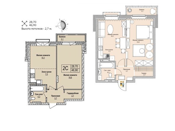 Планировка двухкомнатной квартиры 46,9 кв.м