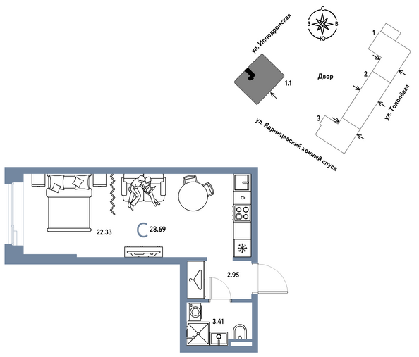 Планировка Студия 28,69 - 29,1 м²