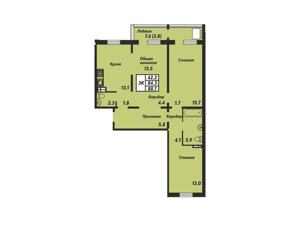 Планировка 3-комнатной квартиры 88,1 кв.м