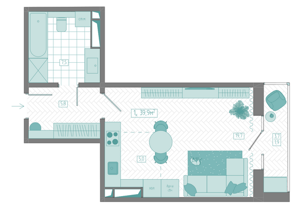 Планировка 1-комн 39,9 м²