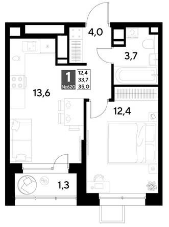 Планировка 1-комн 35 м²