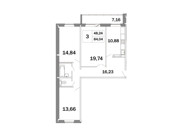 Планировка трёхкомнатной квартиры 84,04 кв.м